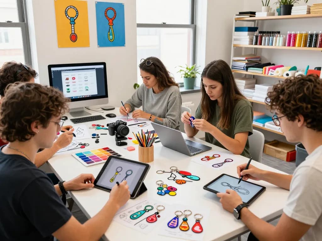 Group designing custom keychains collaboratively in an inspiring creative workspace.
