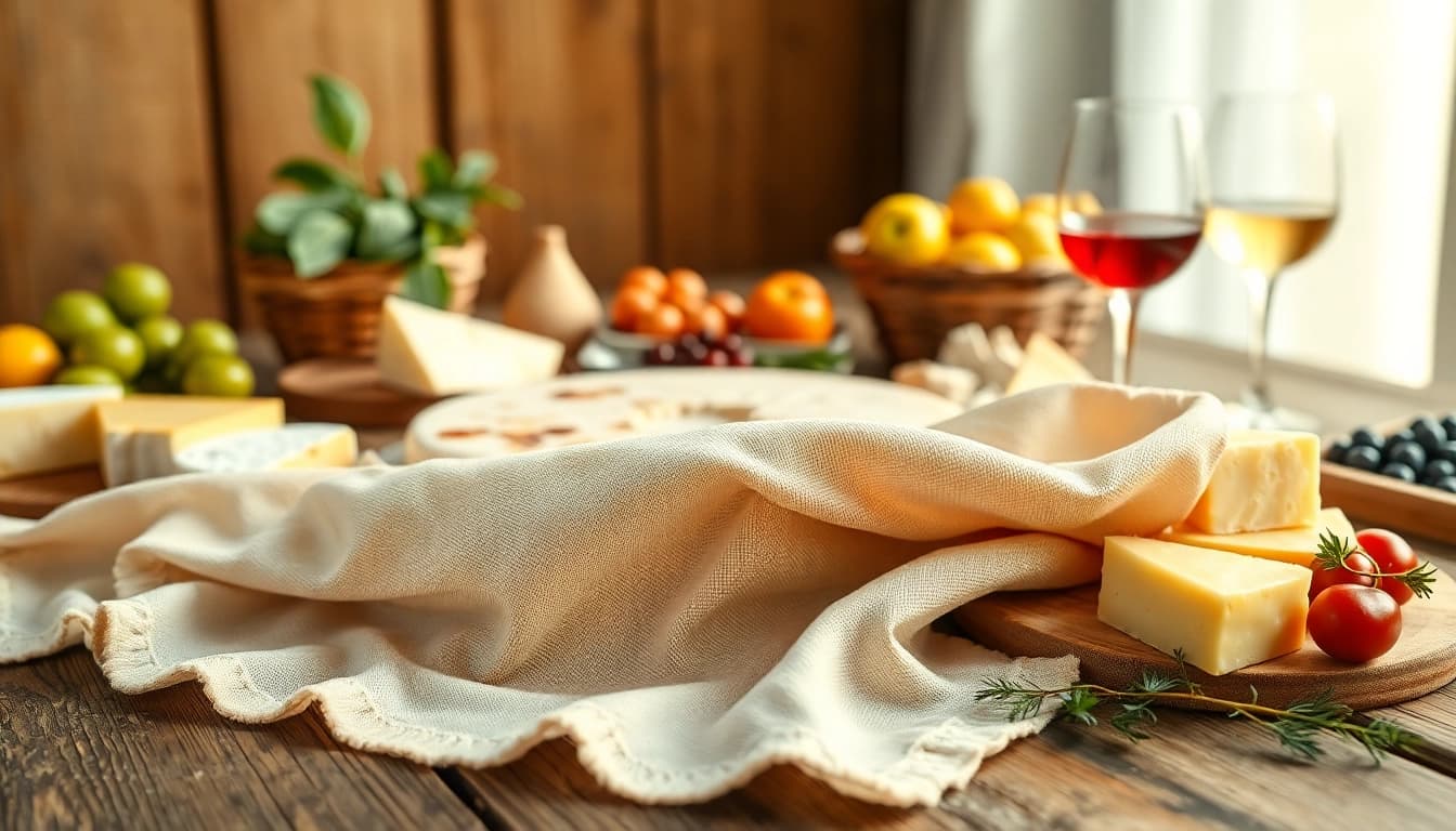 Kaasdoek met artisanale kaas en fruit op een houten tafel.