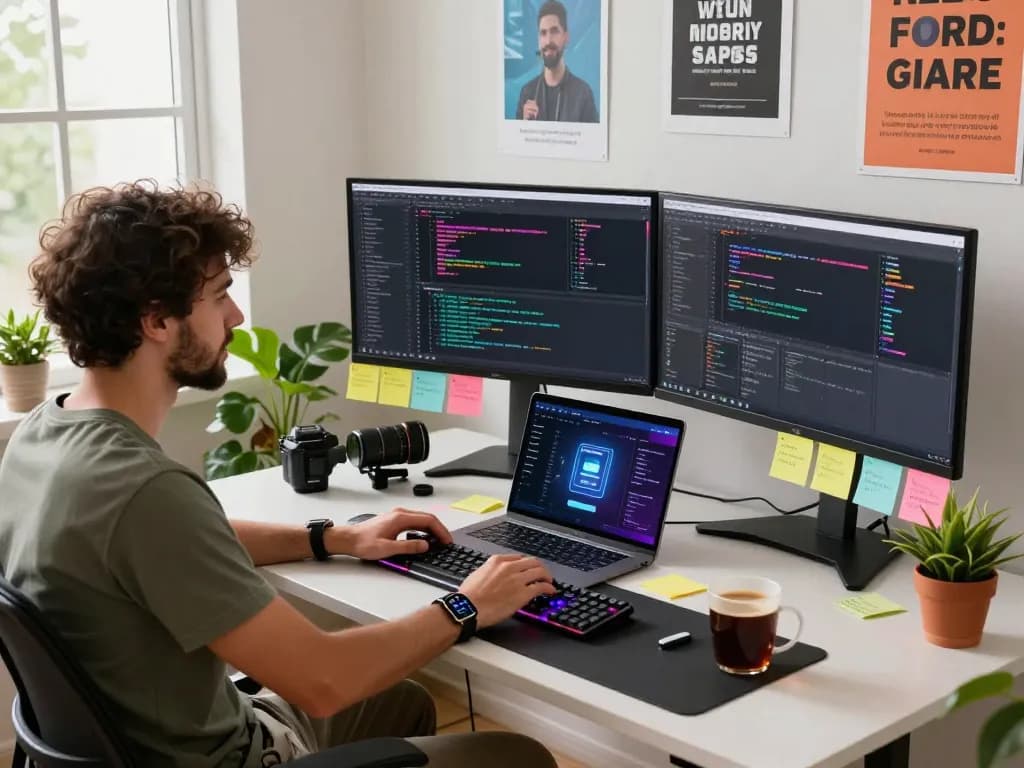 Developer programming with Molt bot AI in a vibrant home office workspace.