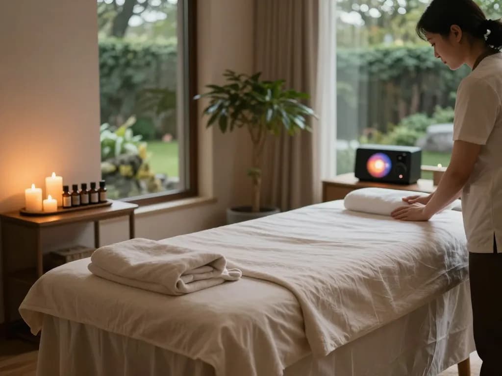 Relaxing 치평동마사지 therapy room with massage table and calming ambiance.