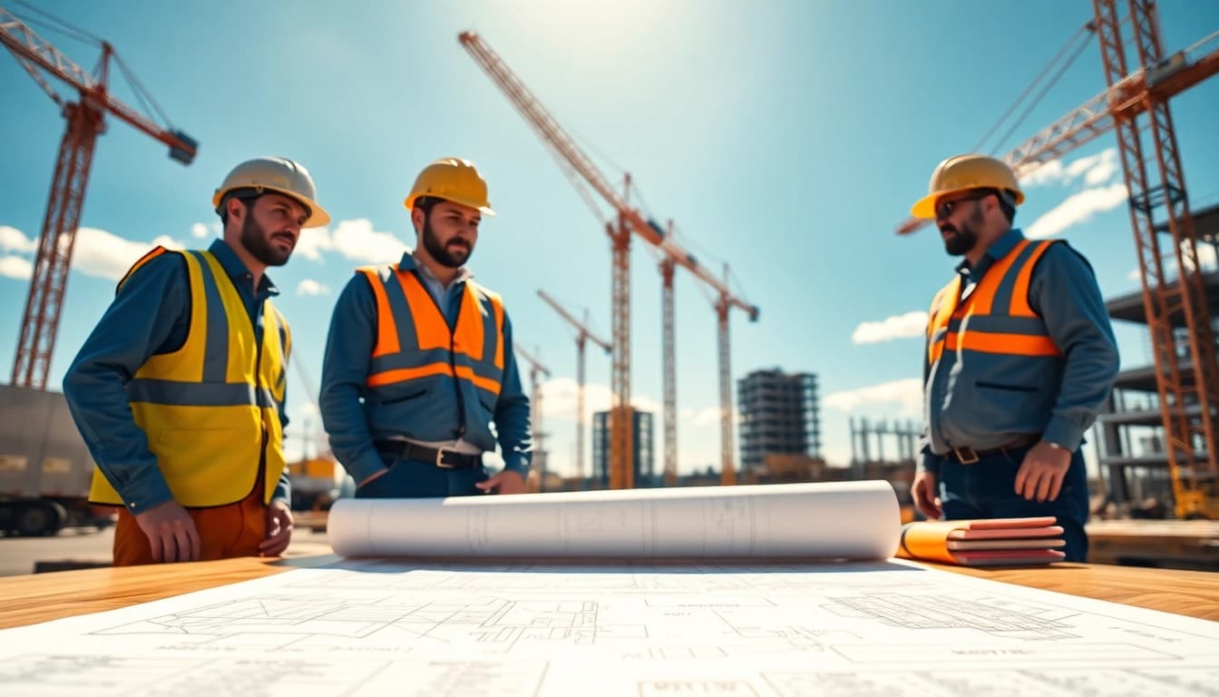 Collaborative teamwork showcased at a construction association colorado site, highlighting workers and plans.