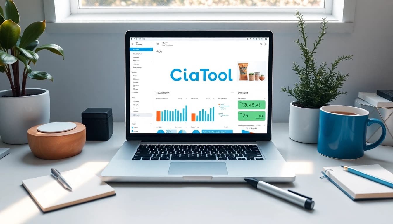 CiaoTool dashboard displayed on a laptop in a modern workspace, enhancing productivity.