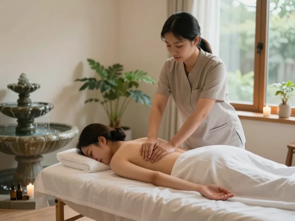 편안한 조명과 에센셜 오일이 어우러진 고요한 스파에서의 편안한 치평동마사지 장면.