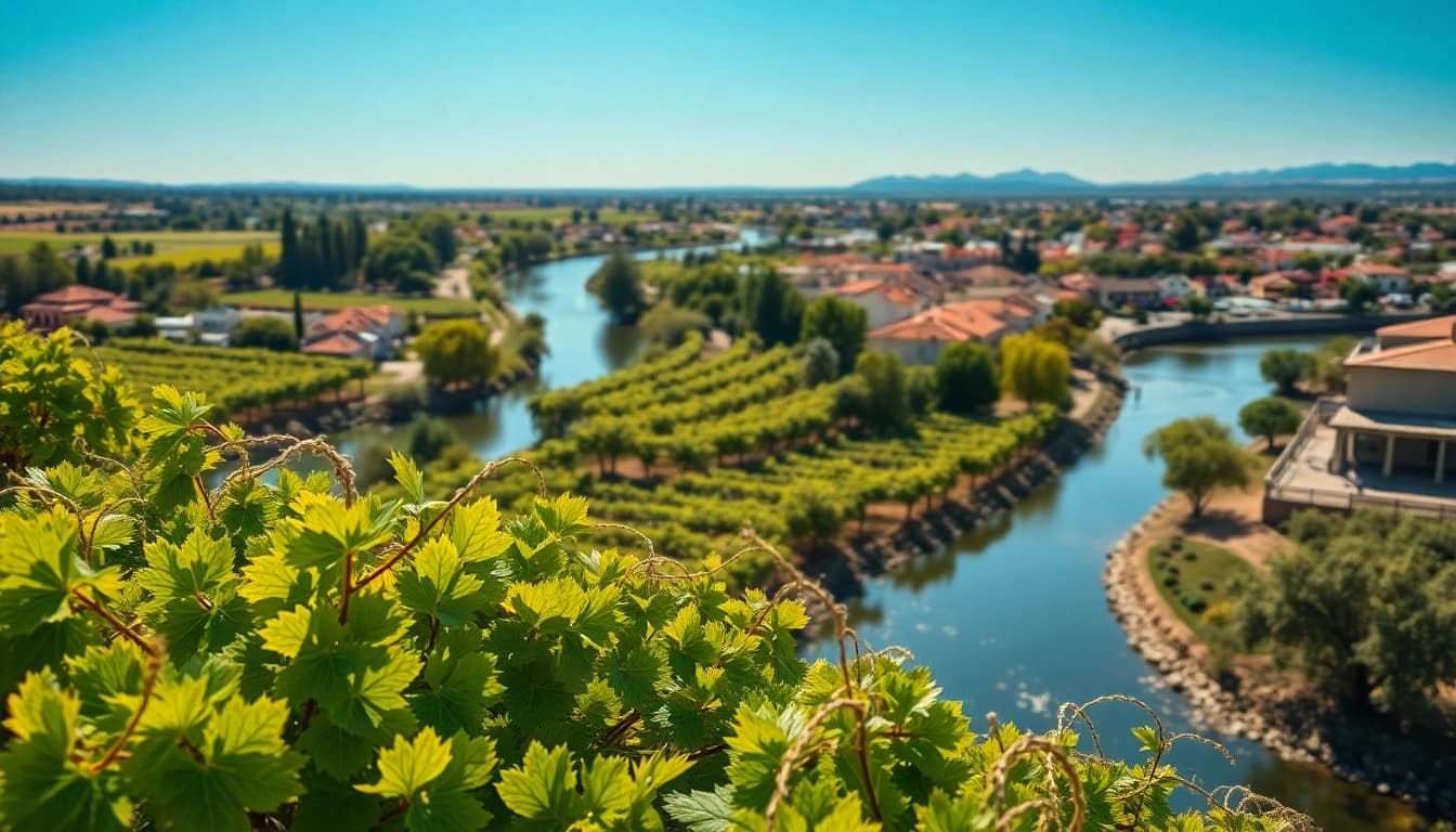 Explore Clarksburg CA with scenic views of vineyards and the Sacramento River in the background.