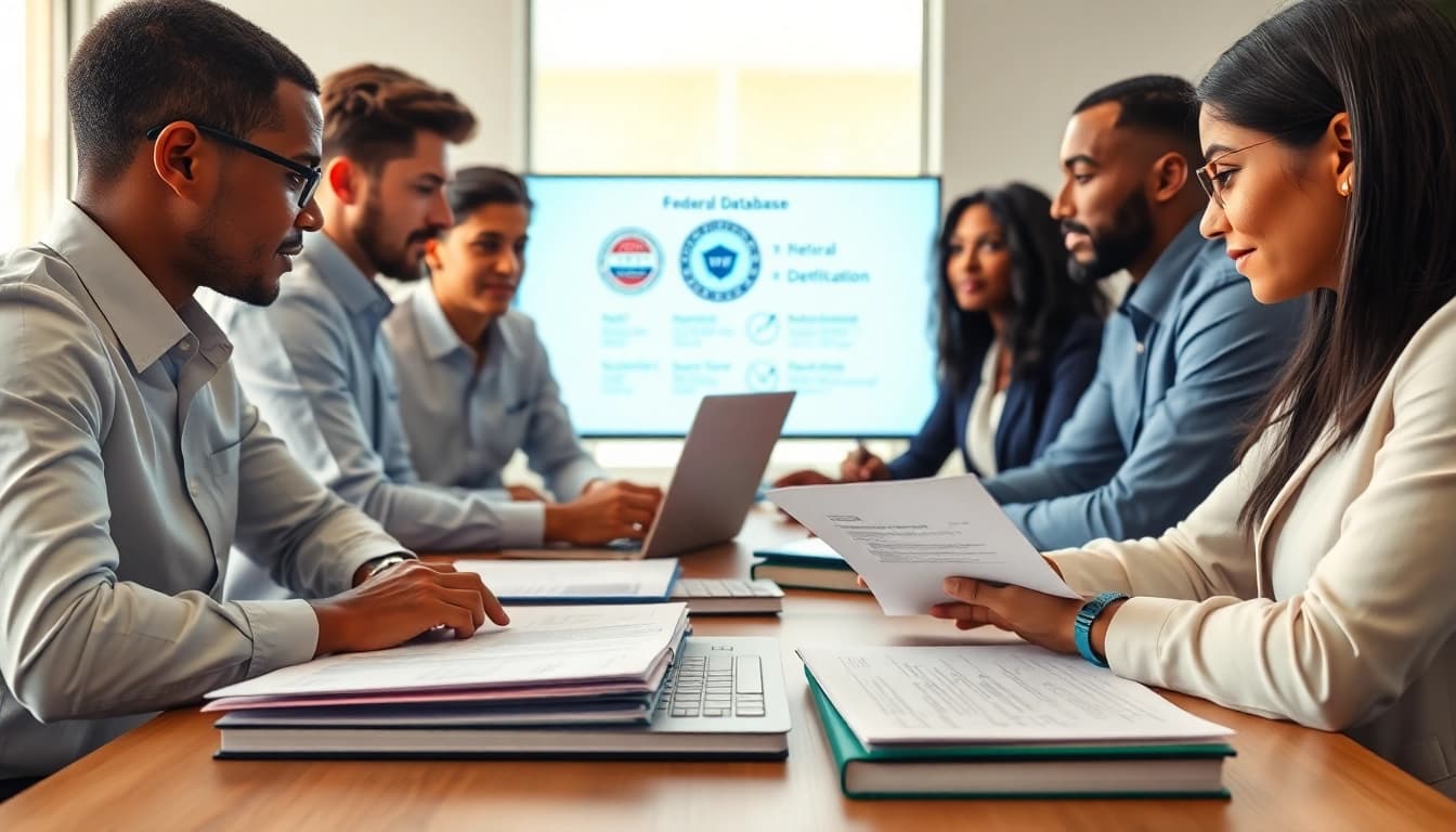 Showcase of registration and certification in Federal databases with individuals collaborating on necessary documentation.