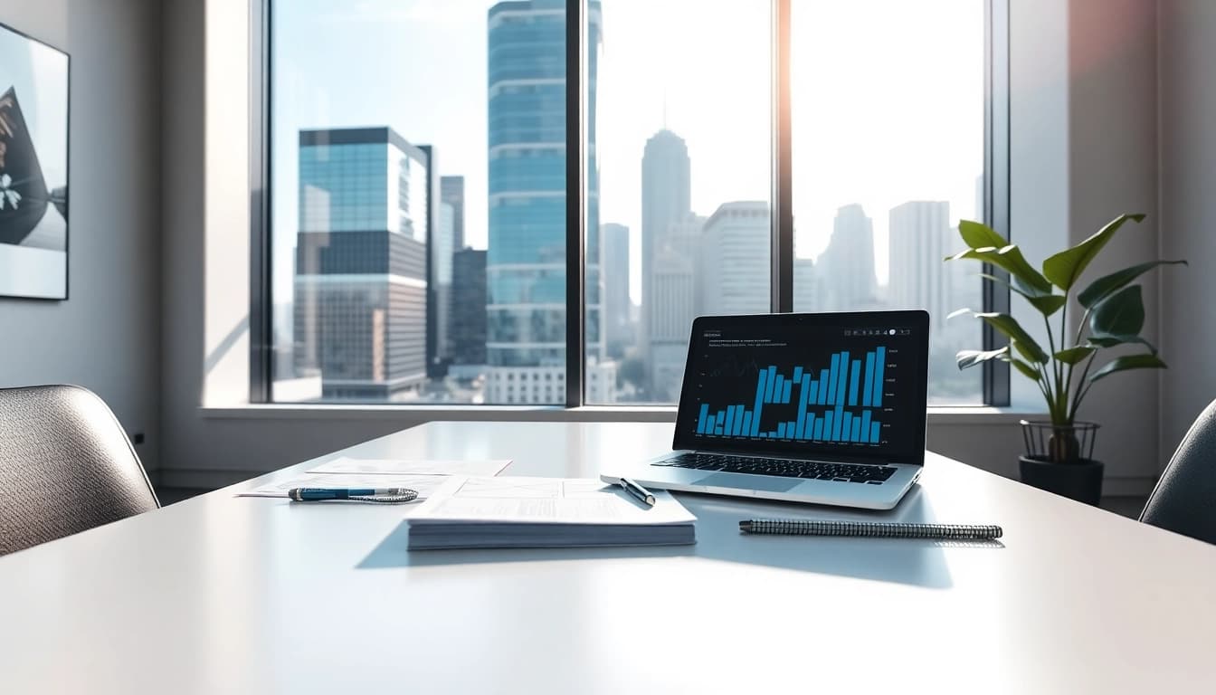 Bewertung für Ihre Immobilie auf https://frankfurt-haus-bewerten.de in einem modernen Büro mit Skyline.