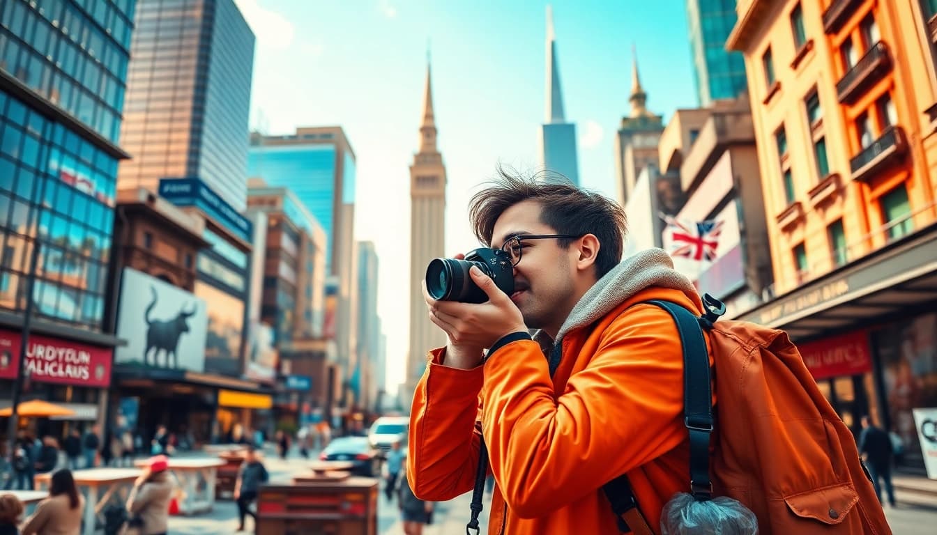 Engaging travel blogger at https://travelvixta.com capturing vibrant city life with cultural props.