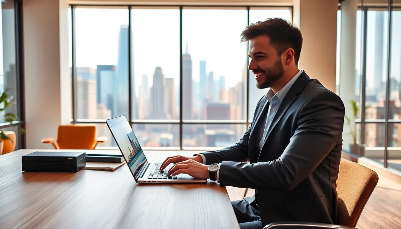 Find opportunities with free job post new york showcased on a laptop in a vibrant New York office setting.