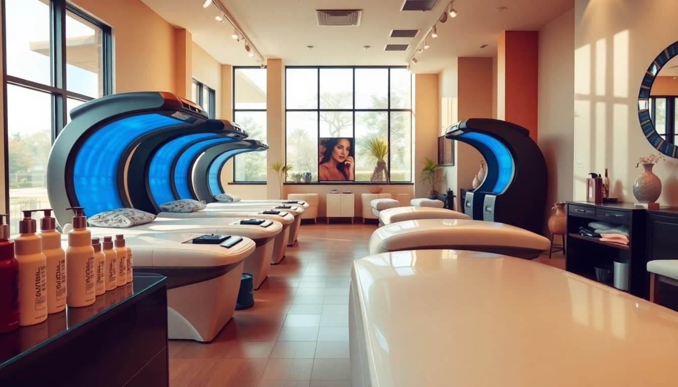 Menciptakan suasana relaksasi di https://revolvesunlesstanningandsalon.com dengan desain salon modern dan perawatan tanning.