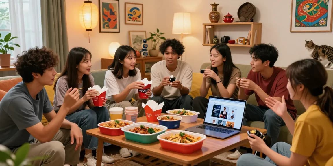 Friends discussing Asian culture while enjoying Asian dishes, inspired by https://hanadultalk.com, in a vibrant living room.