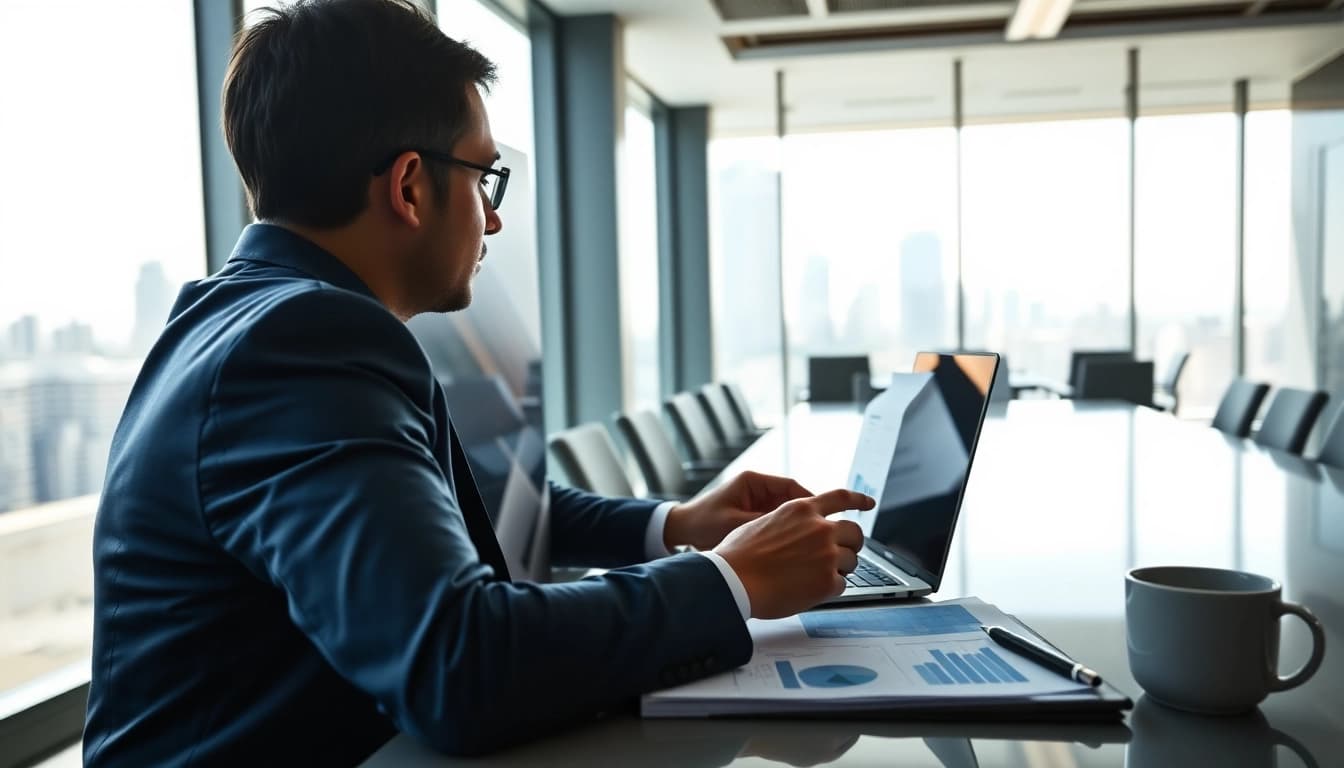 Illustration of Bid-No-Bid Analysis with a consultant reviewing data in a modern office.
