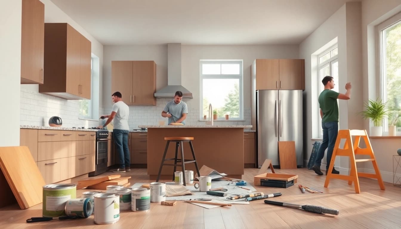 Enhancing a modern kitchen through home renovation process with dedicated professionals at work.