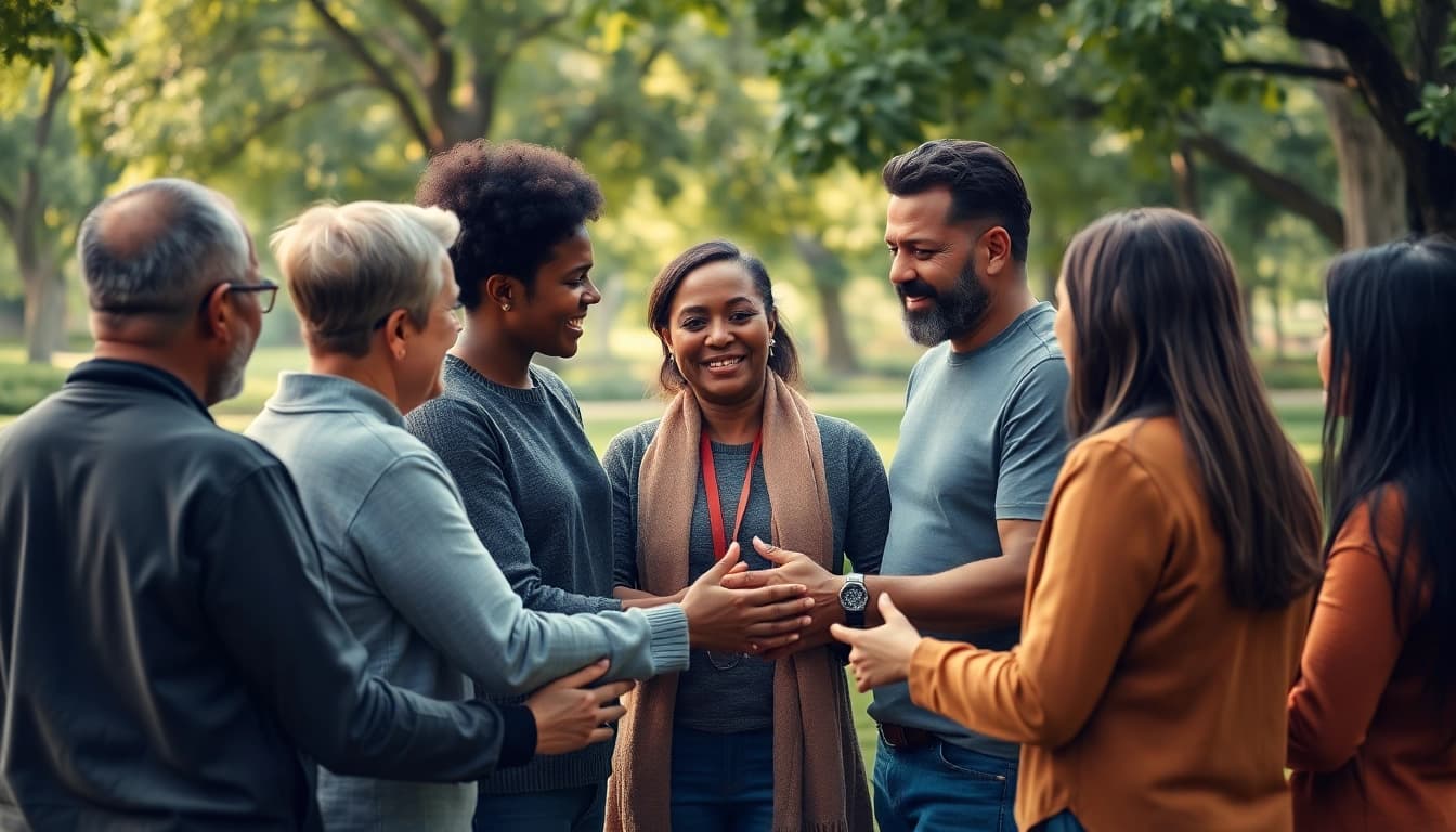 Christian suicide support meeting in a serene park, showcasing compassion and connection through diversity.