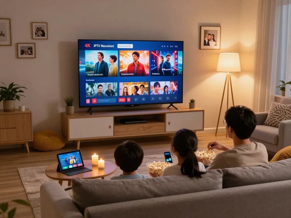 Gezin geniet van IPTV Nederland filmavond in gezellige woonkamer met 4K-scherm.