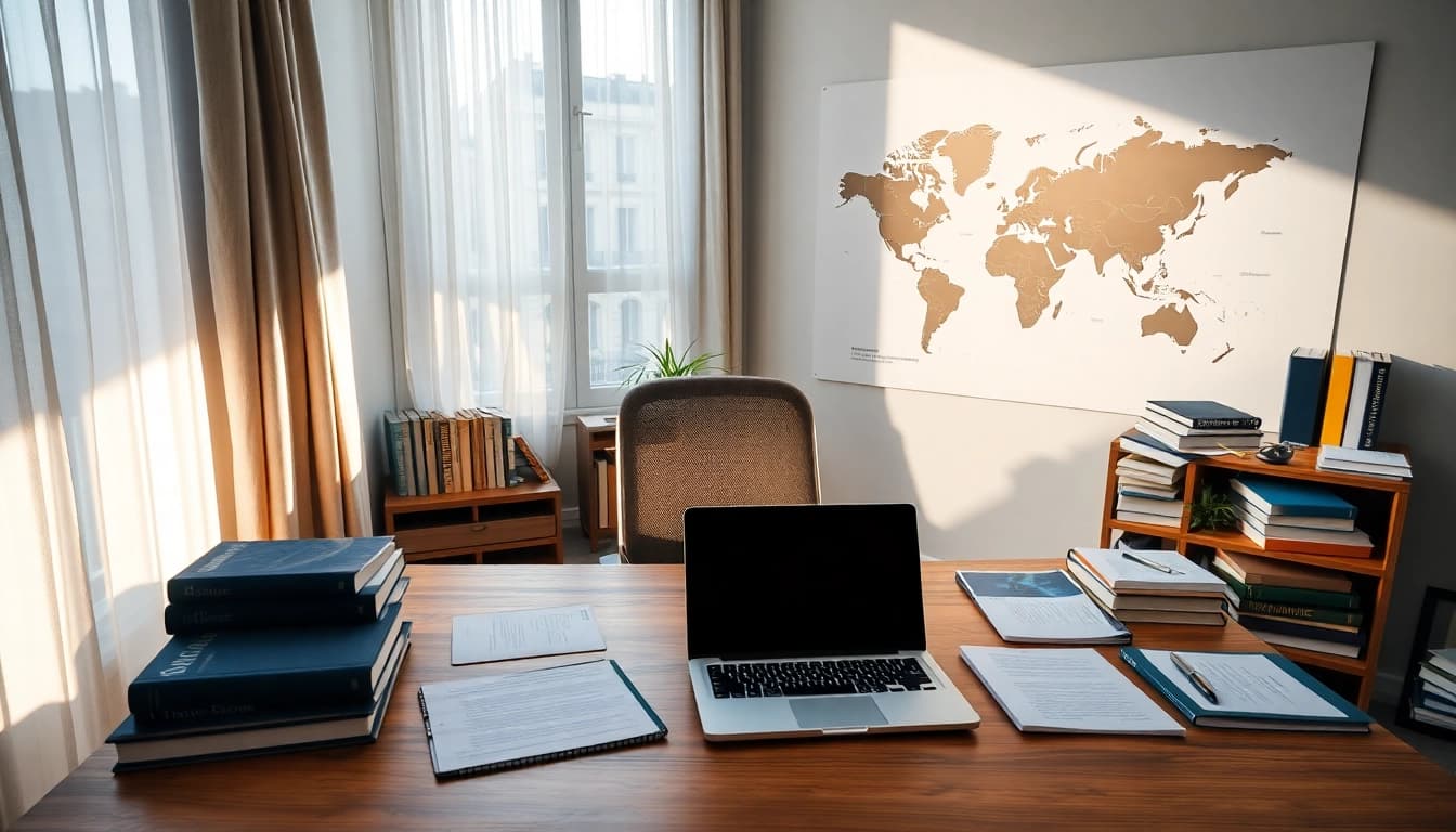 Espace de travail professionnel d'un traducteur certifié à Paris (traducteur assermenté Paris) avec des documents et des livres.