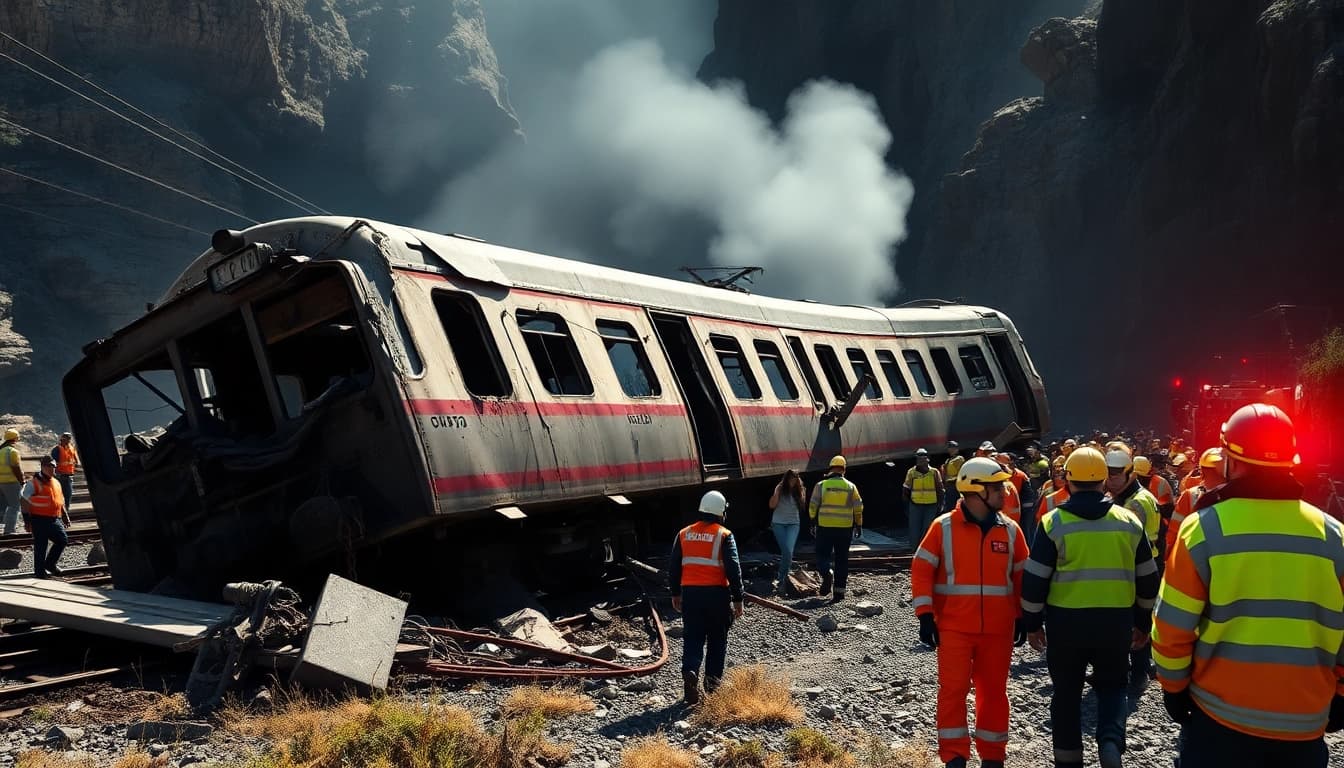Rescue teams respond to the spain train crash, depicting urgency and hope in the chaos.