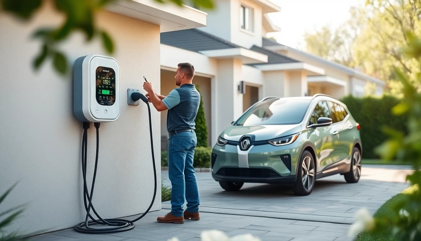 McNally EV charger installation by a technician in a home driveway.