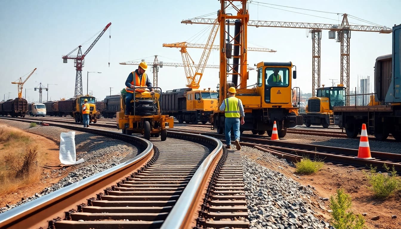 Skilled railroad contractors near me preparing tracks in a vibrant construction site.