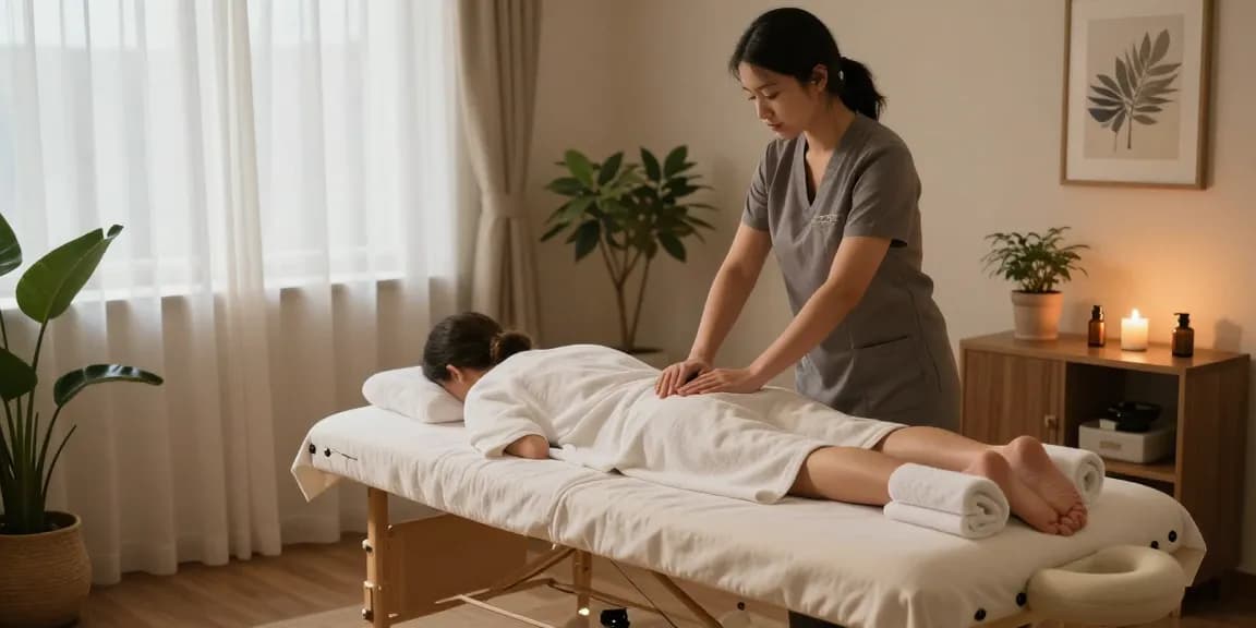 1인샵에서 편안한 마사지 준비 중인 모습, 아늑한 조명과 자연광으로 힐링 분위기 조성
