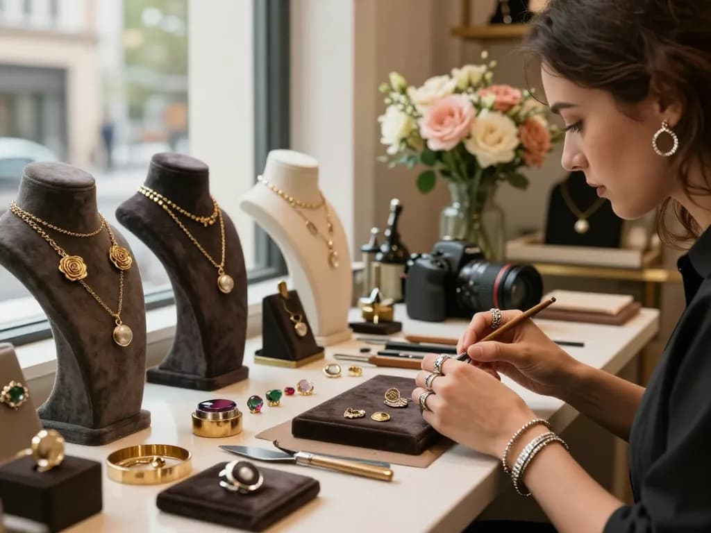 Håndlavet smykkekollektion, der viser unikke stykker med rosemotiver og kunstnerisk håndværk i en luksuriøs butik.