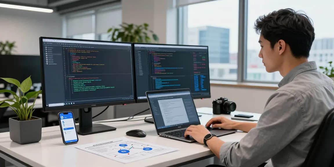IT specialist examining security protocols on shs-dome5.com with dual monitors and tech setup