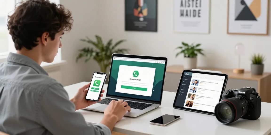 WhatsApp下載 guide showcased in a modern home office setting with multiple devices.