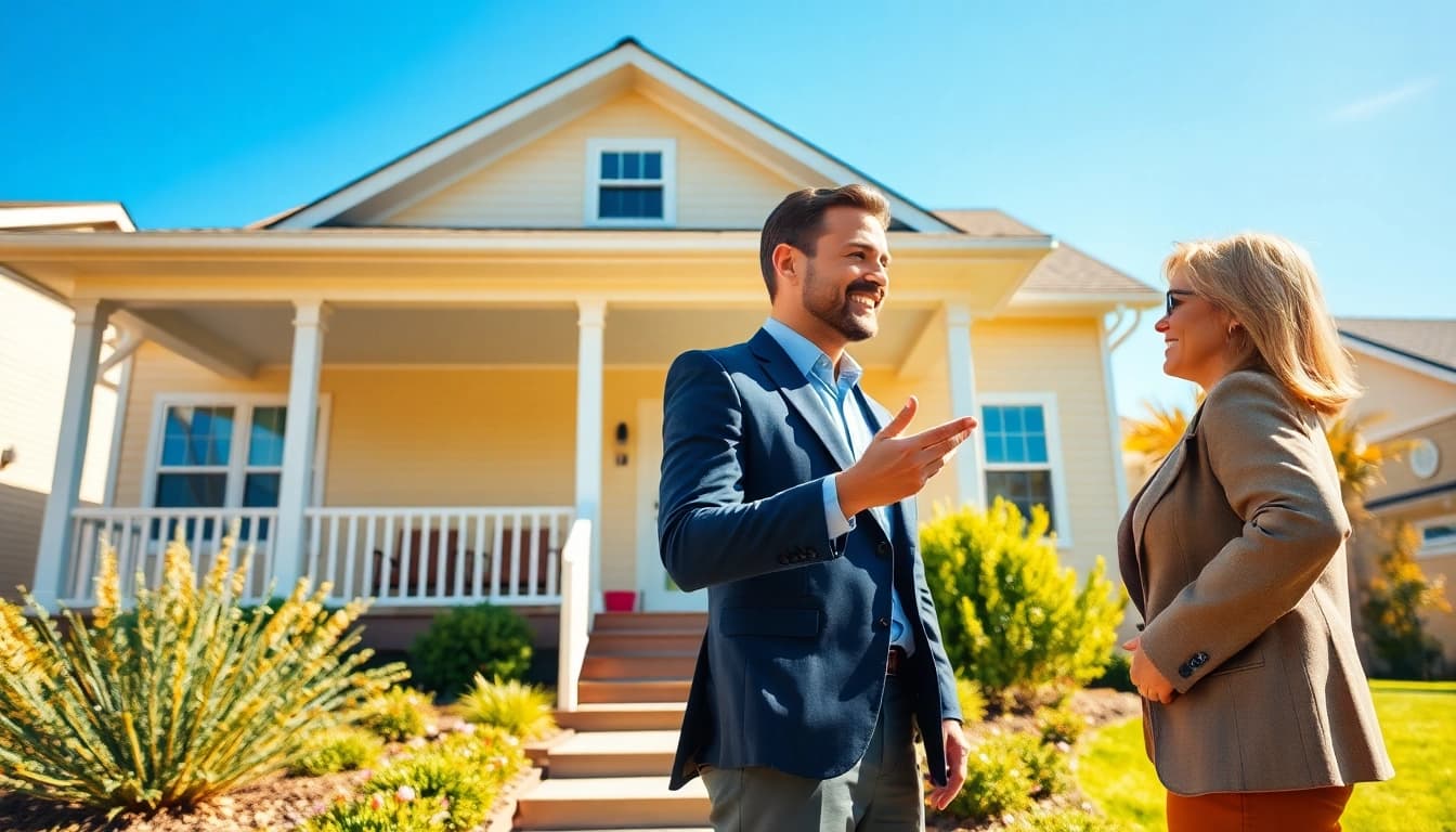 Real Estate agent engaging with clients outside a charming suburban home.