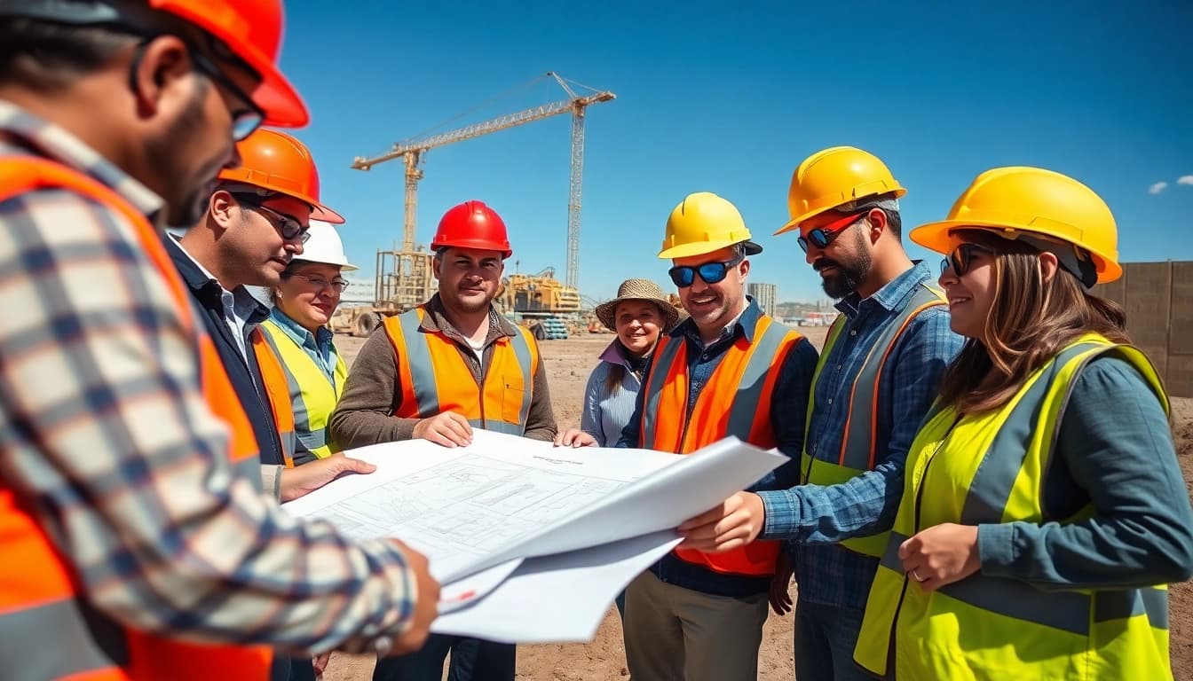 Collaborative construction workers representing the construction association Colorado at a vibrant site.