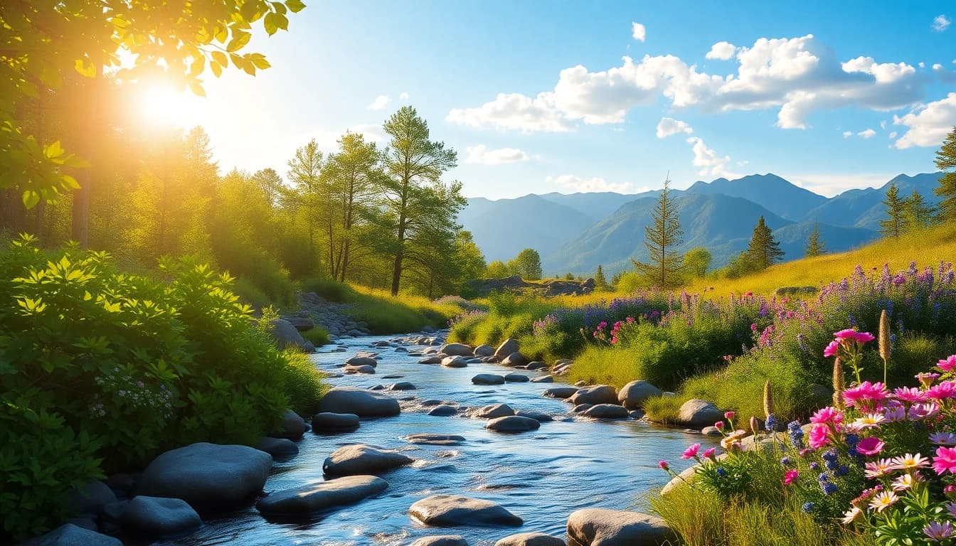 Feel the flow of natures beauty in a serene forest landscape with a sparkling stream and vibrant flora.