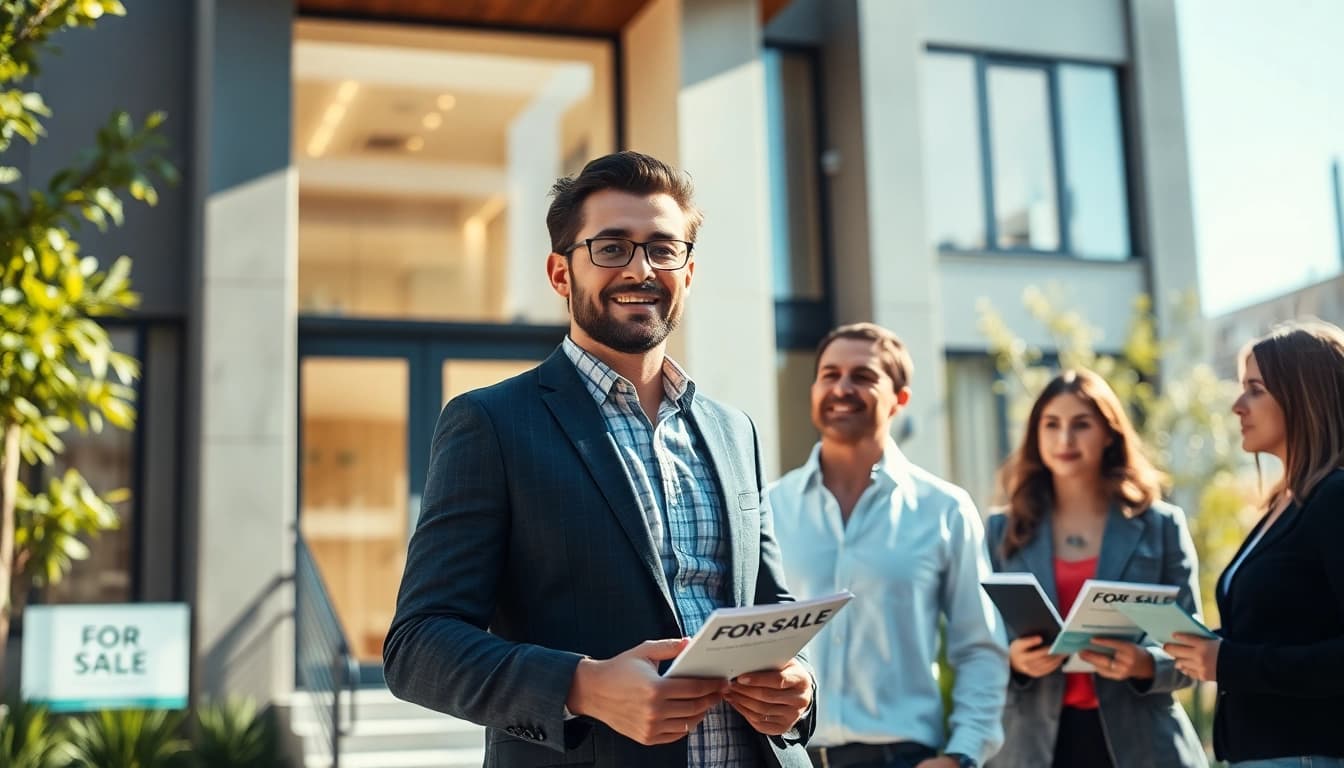 Showcasing real estate with a professional agent in a modern urban setting.