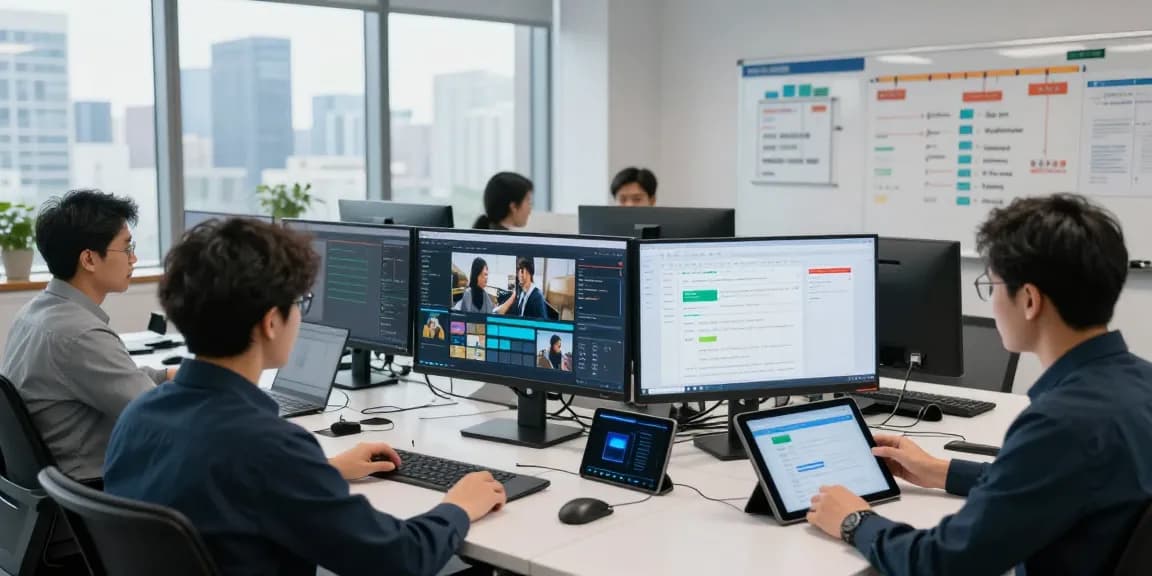 Data analysts using ai detector in modern office for content moderation