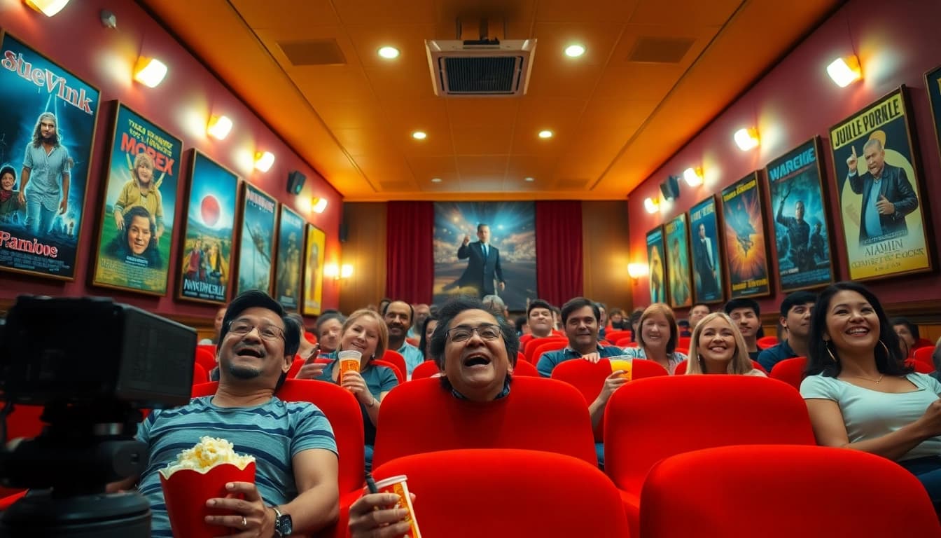 Enjoying a movie in a lively cinema showcasing ดูหนัง experience with vibrant decor.
