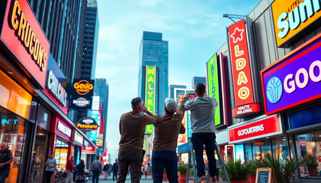 Installation team showcasing signage solutions by pm signs corporation in an urban setting.