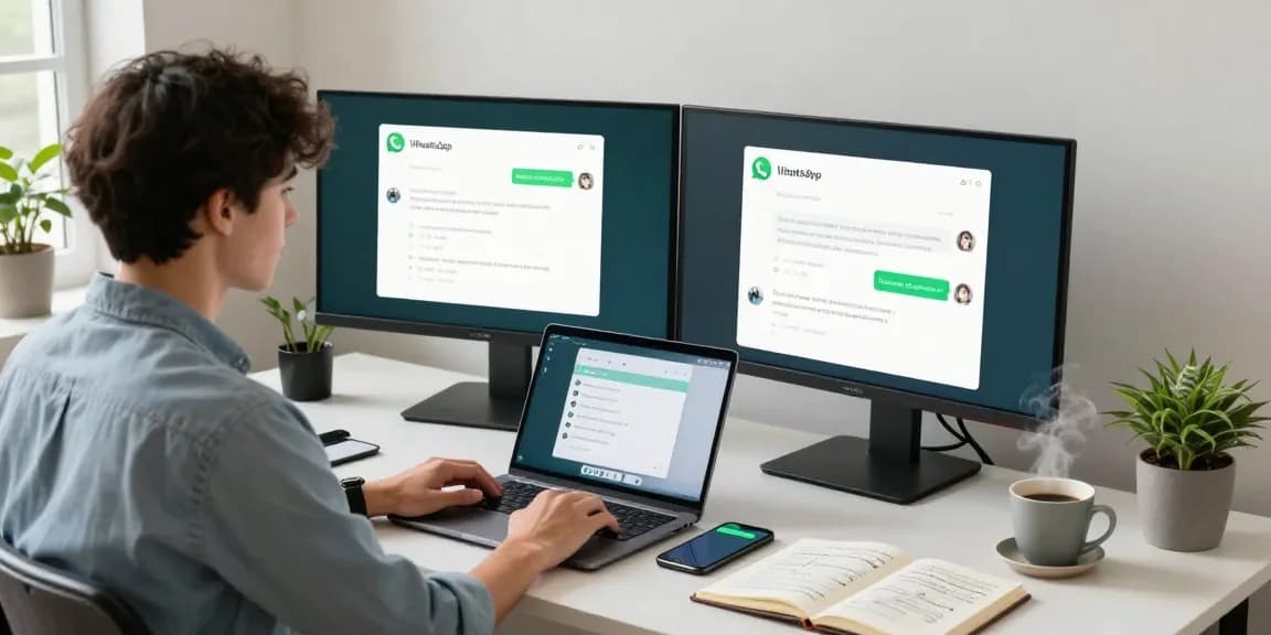 WhatsApp下載 illustration showcasing a modern workspace with dual monitors, a smartphone, and productivity elements.