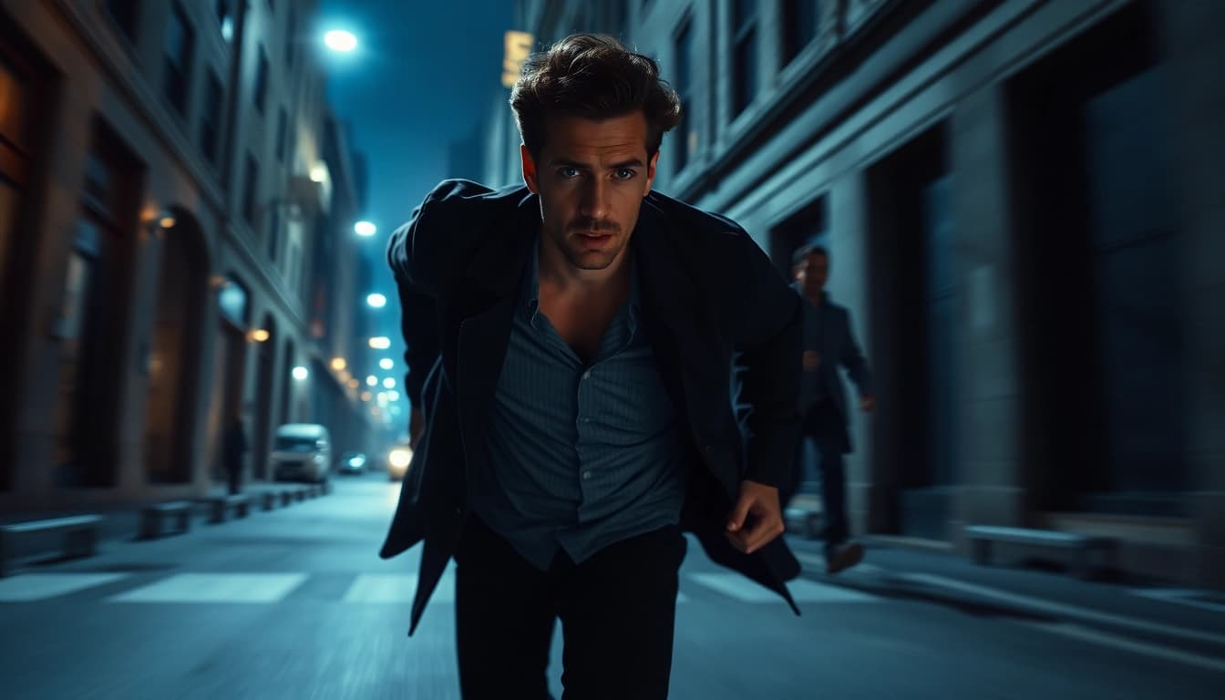 Protagonist racing through a dramatic urban setting in a fast-paced thriller scene.