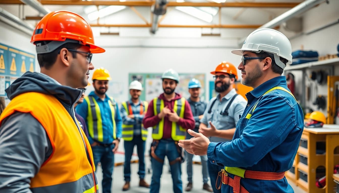 Engaged participants in construction safety training using proper safety gear and techniques.