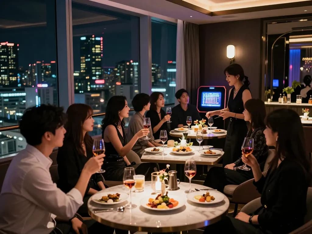Guests having a sophisticated experience at 강남쩜오 with fine drinks and an intimate ambiance.