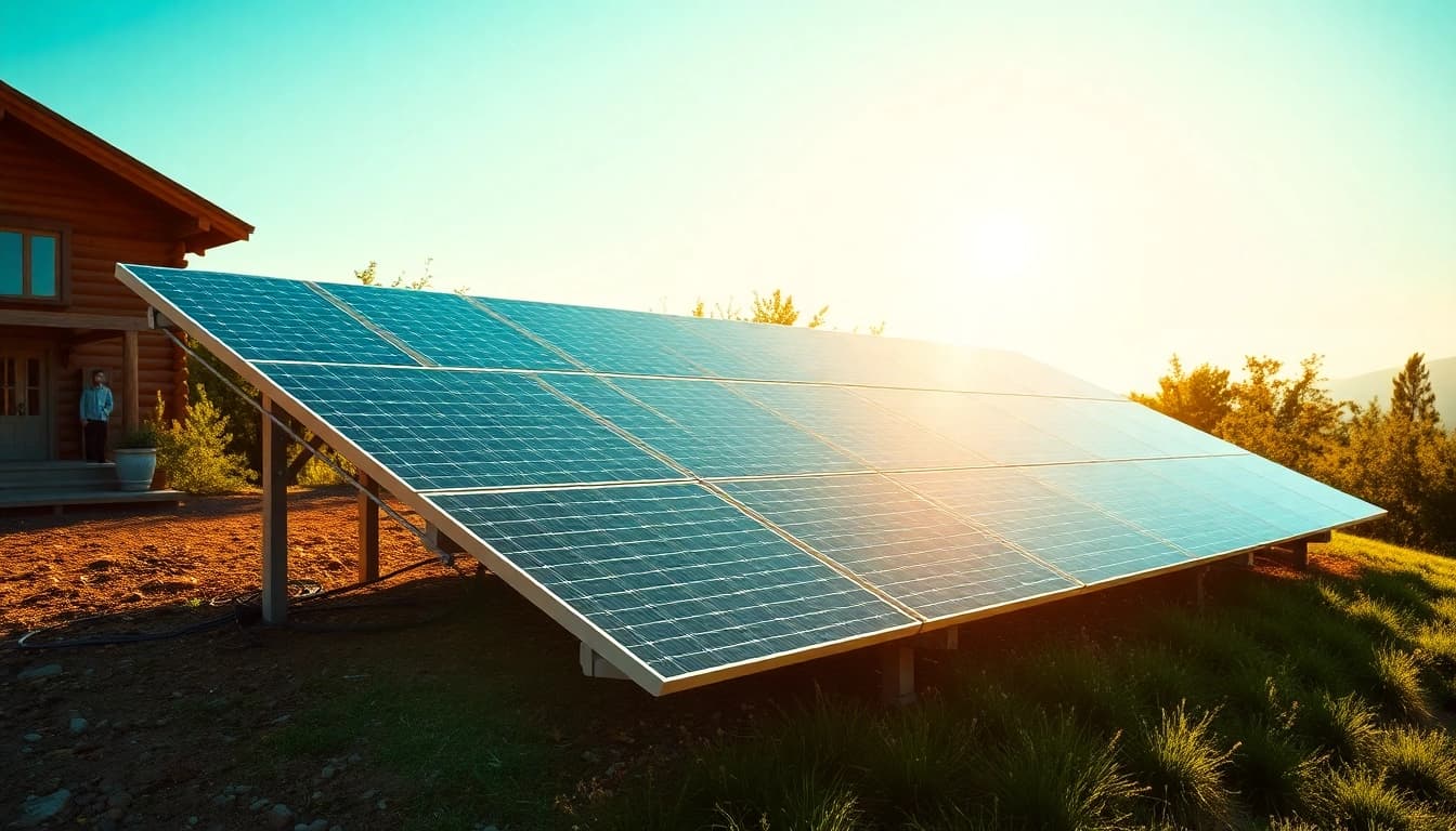 Install an off grid solar system showcasing solar panels set against a scenic landscape with greenery.