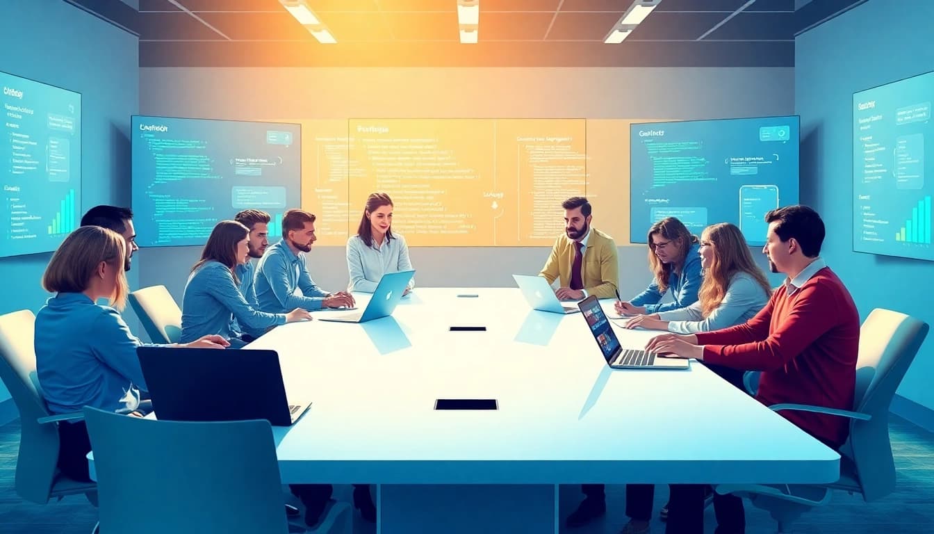 Team collaborating on app development with laptops and design screens in a modern office setting.