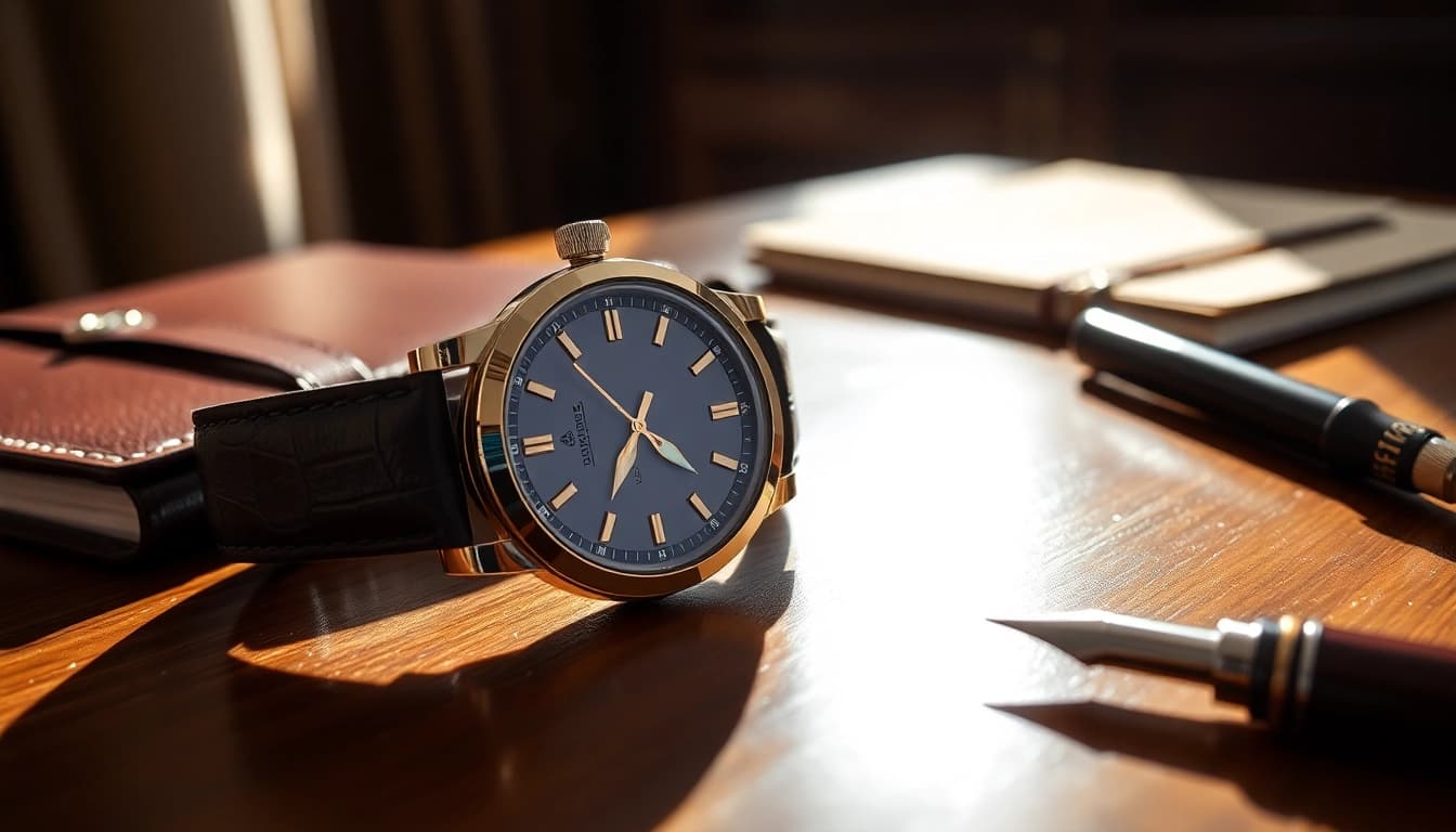 Showcasing a detailed replica watch with a sophisticated design on a wooden table.