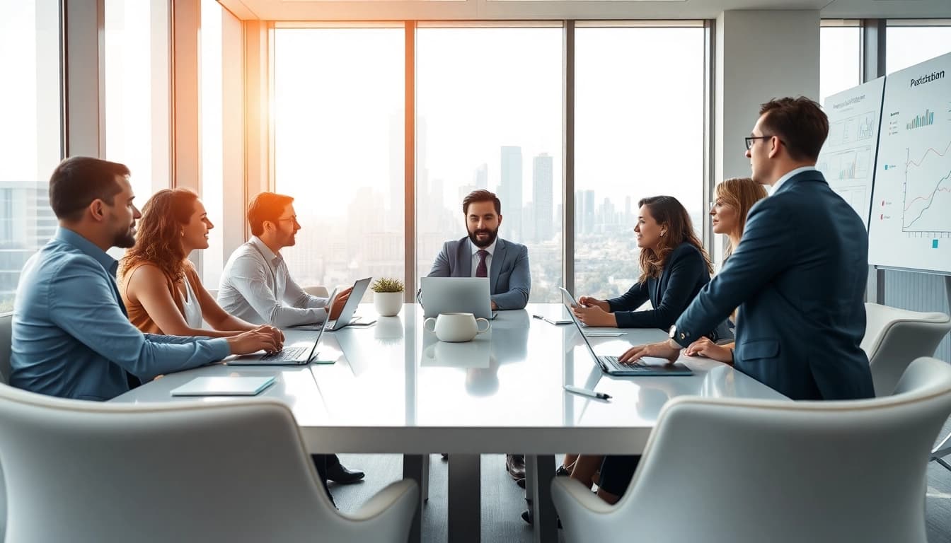 Business team collaborating in a modern setting with city skyline backdrop.