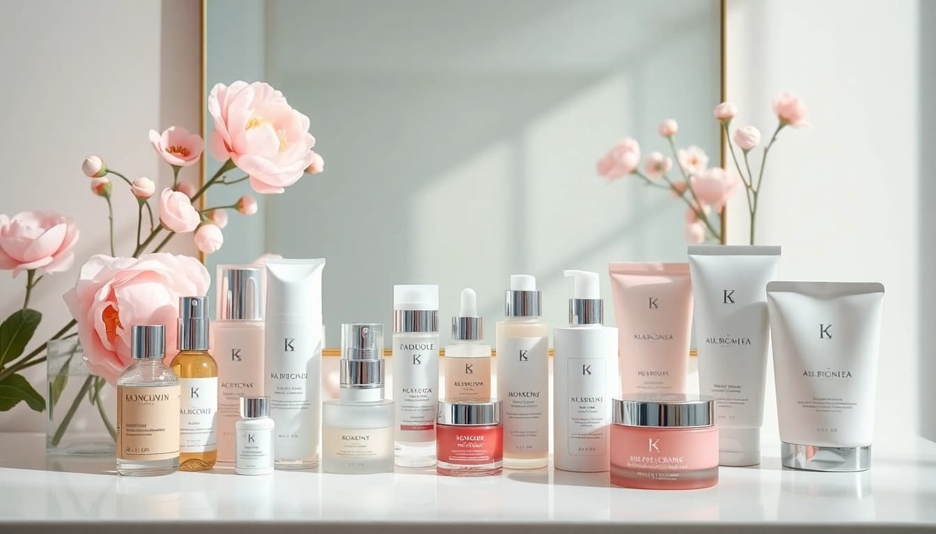 K Beauty hudvårdsprodukter elegant uppställda på ett sminkbord, som förmedlar fräschör och lugn.