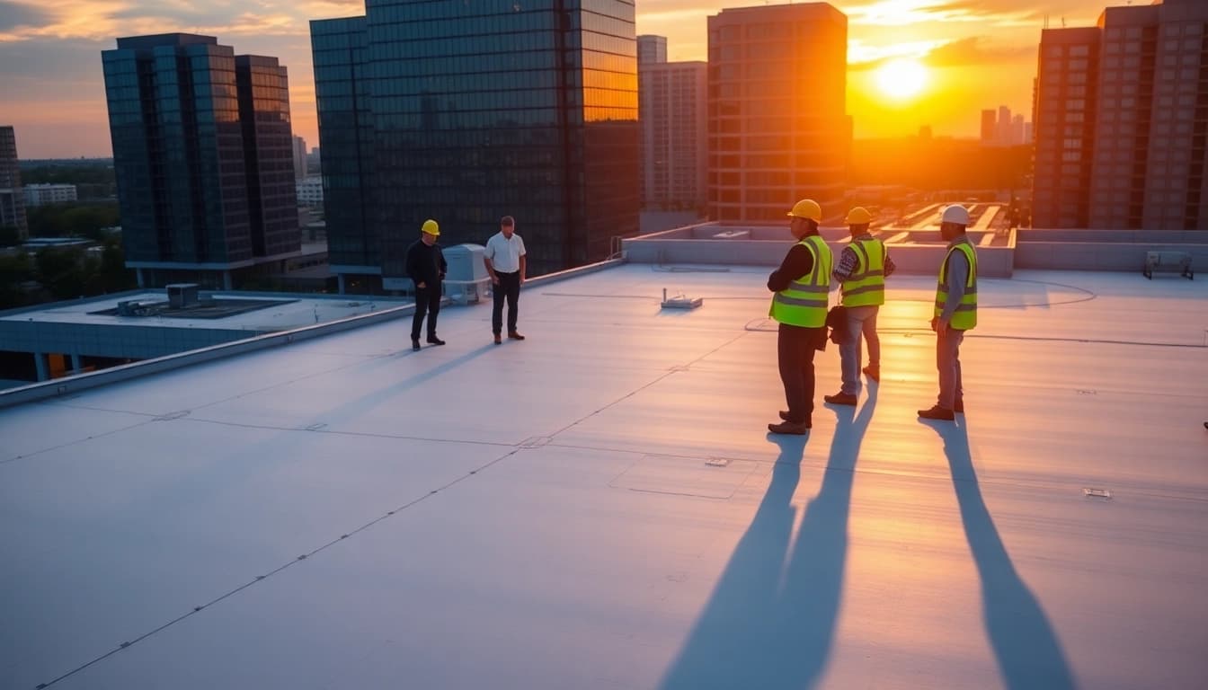 Inspecting a commercial roofing system to ensure quality and durability of commercial roofing services.