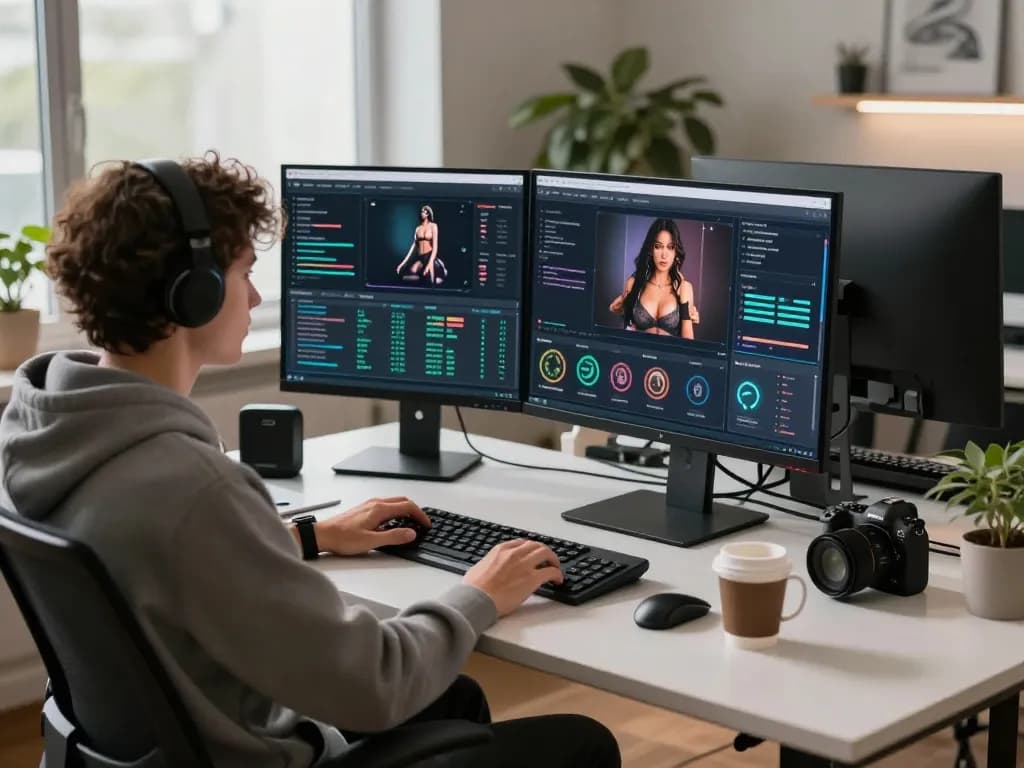 Developer exploring AI-generated sexual content safeguards in a modern workspace