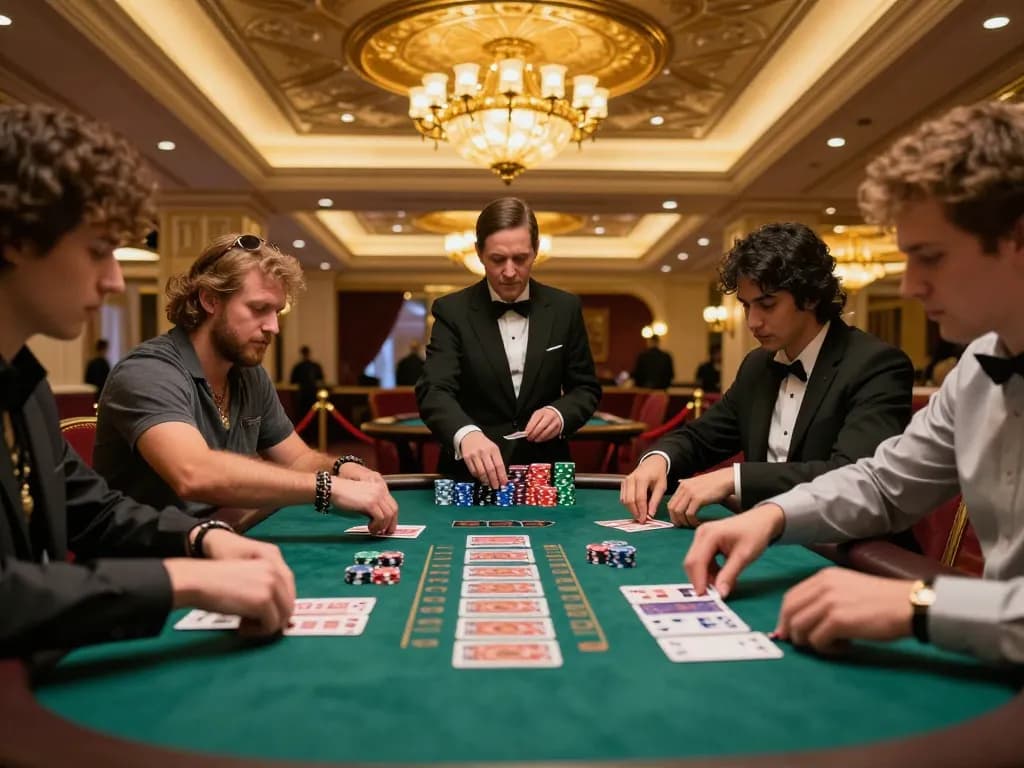 Players at a blackjack table engaging with strategy, featuring the keyword sc888 in a thrilling Las Vegas casino scene