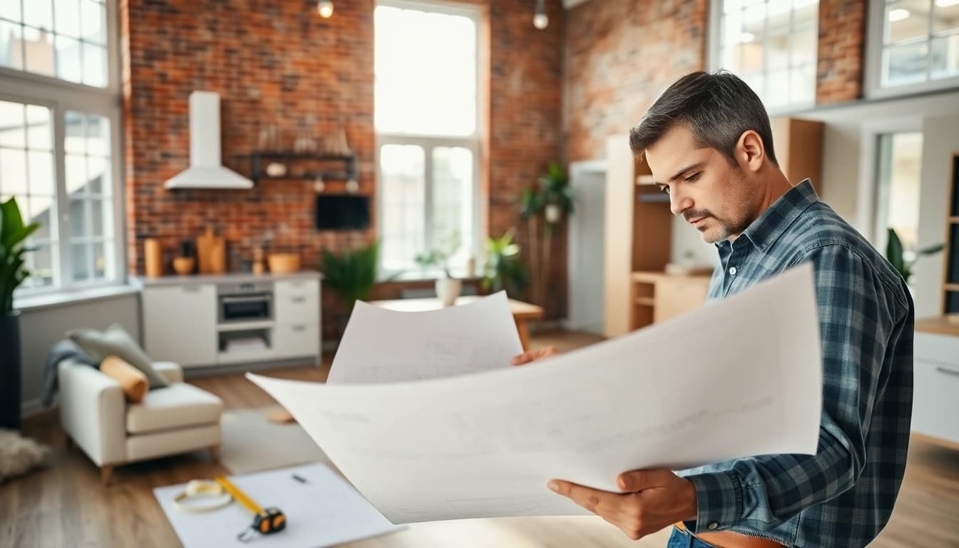 Showcase home renovation work with a contractor examining blueprints in a bright, modern living space.