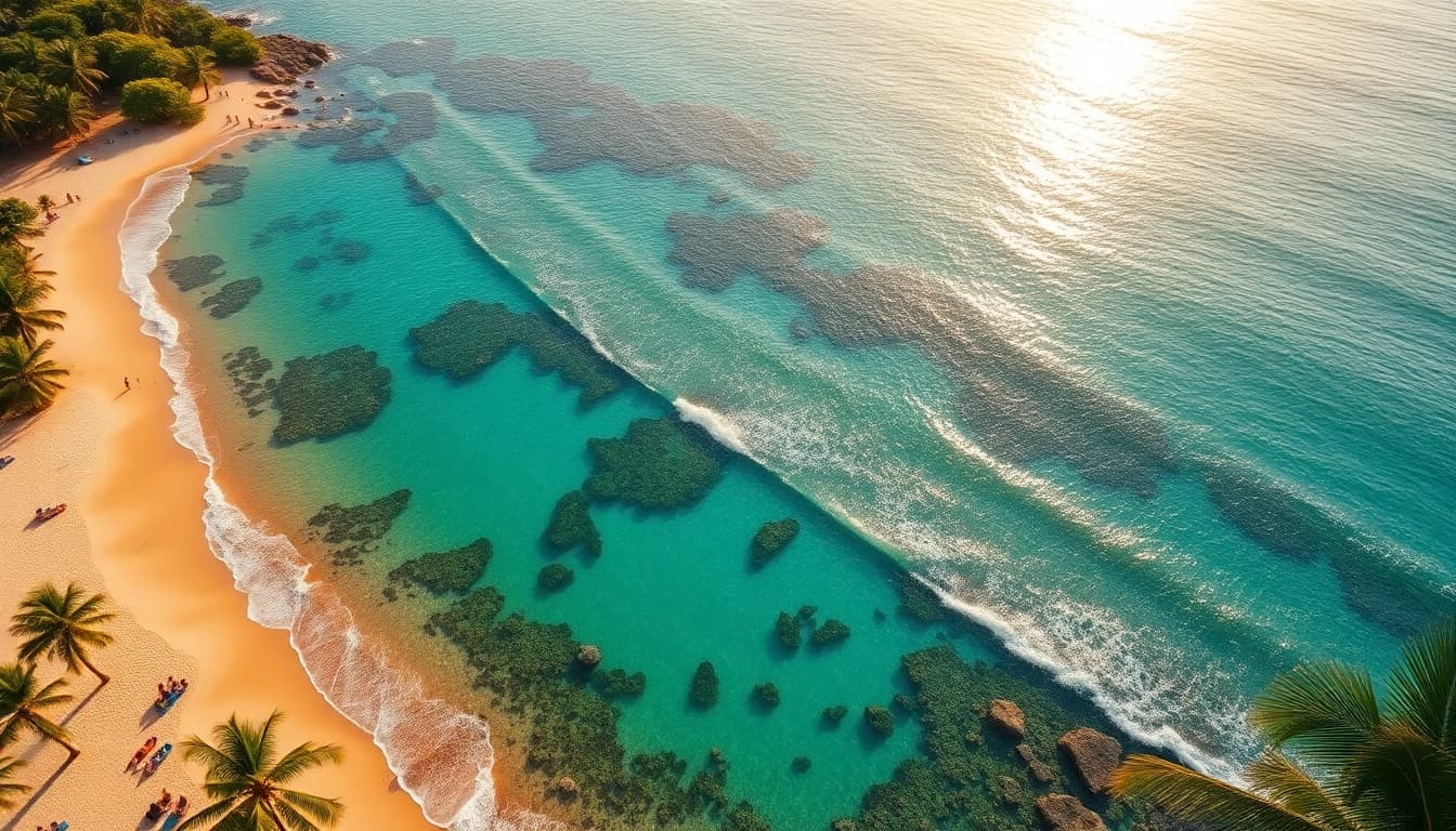 Praia de Paripueira, com águas turquesa e areias claras, perfeita para relaxar e curtir em família.