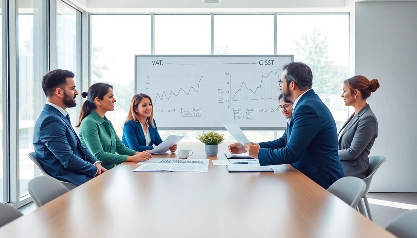 A group analyzing the vat and gst difference in a professional meeting setting.