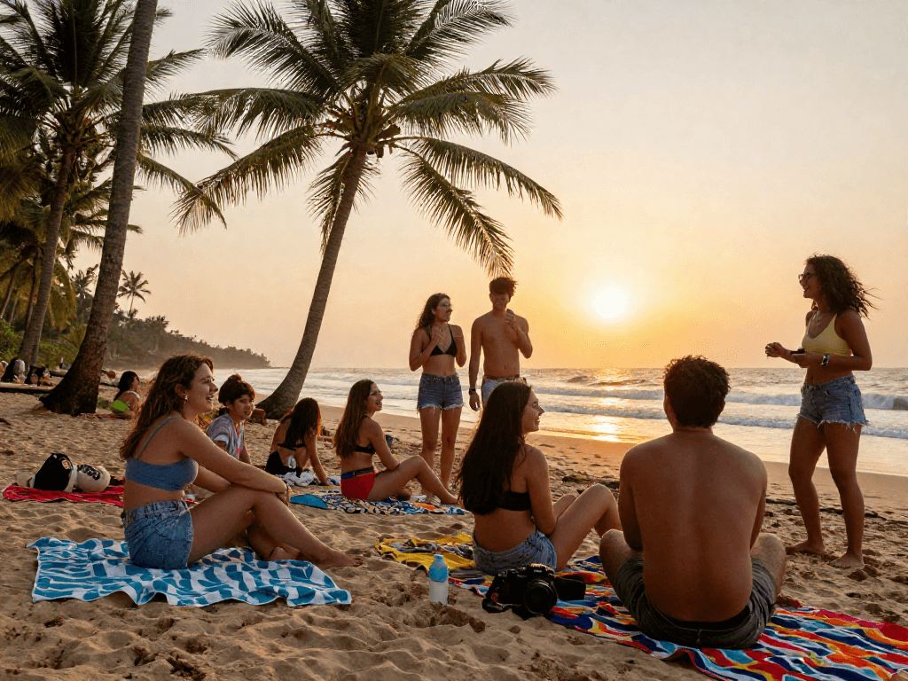 Engaging scene featuring Goa call girls enjoying a vibrant beach atmosphere, highlighting companionship and local beauty.