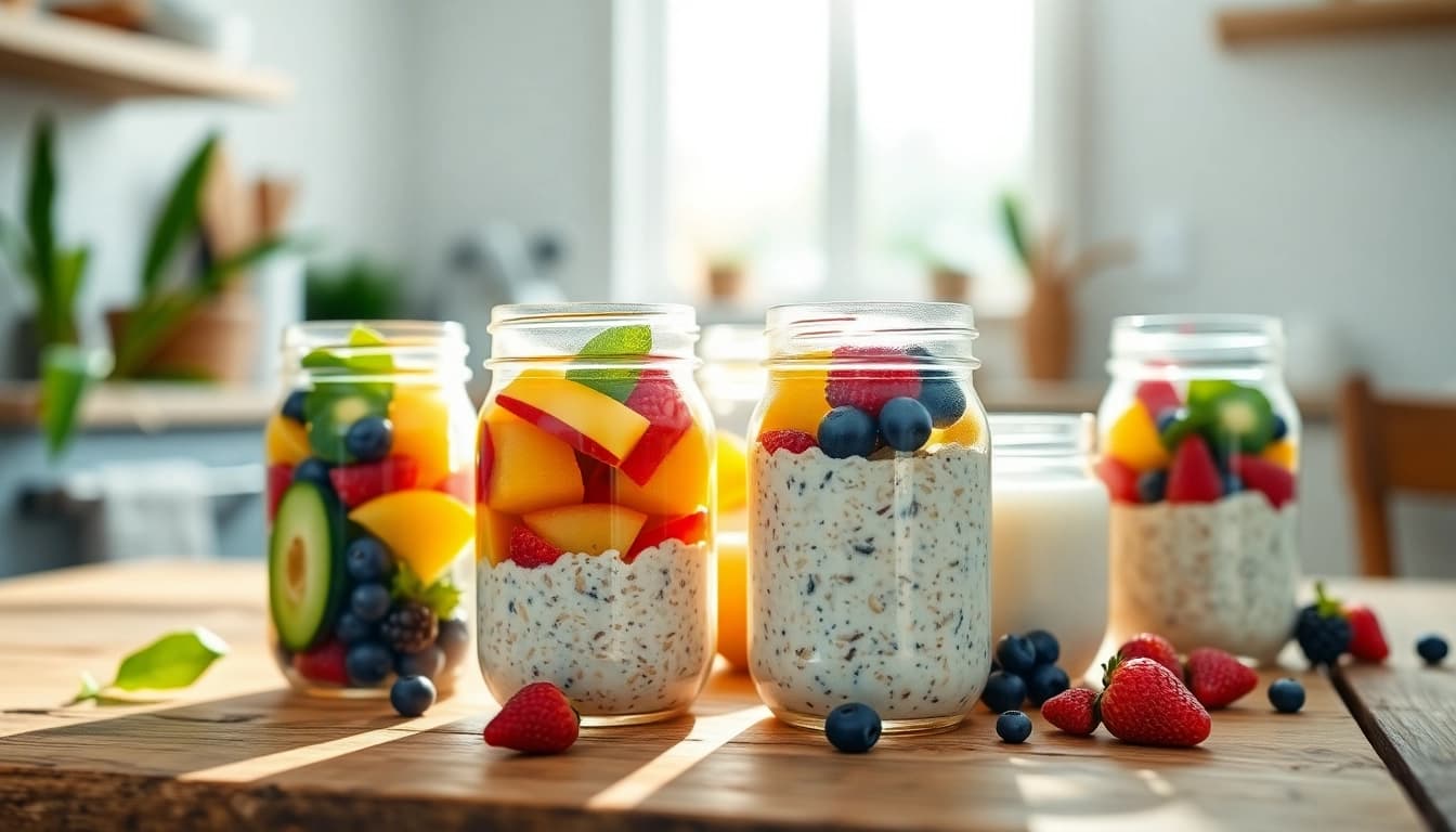 Prepare healthy breakfast options at https://masonjarbreakfast.com with vibrant mason jars filled with fruits and oats.